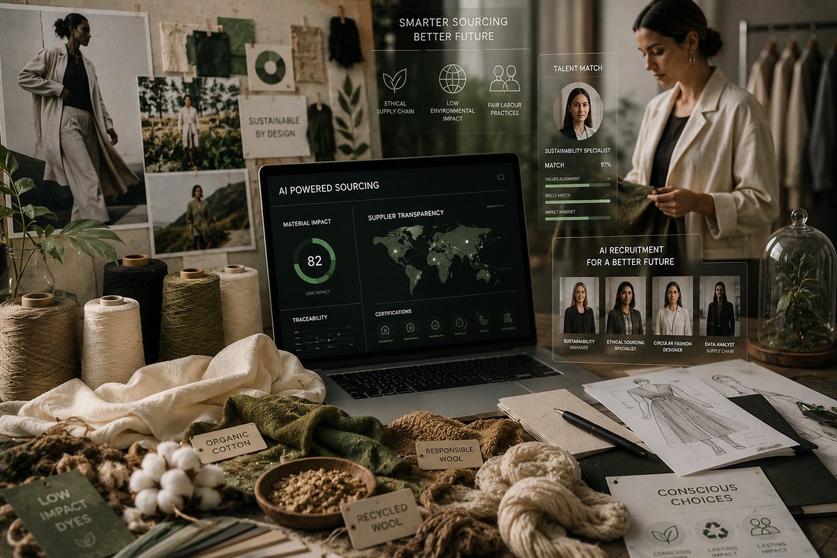 Sustainable materials and AI-assisted sourcing tools on a studio desk